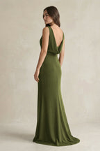 V-Neck Sheath Satin Maxi Bridesmaid Dress in Olive - Curvevia