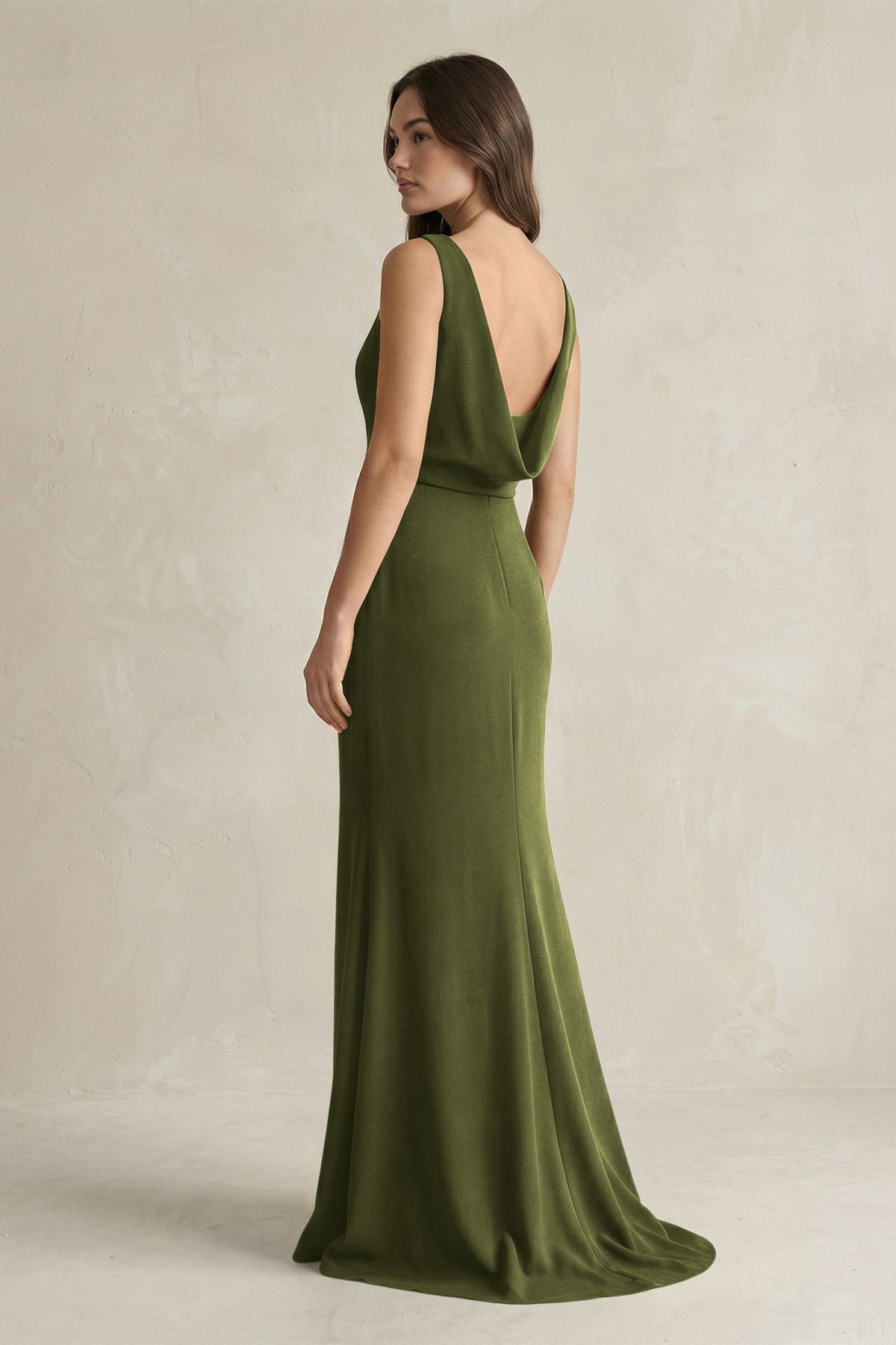 V-Neck Sheath Satin Maxi Bridesmaid Dress in Olive - Curvevia