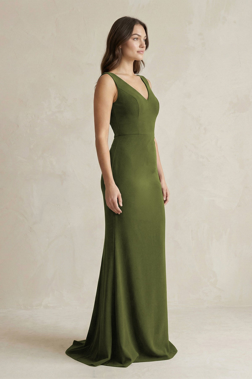 V-Neck Sheath Satin Maxi Bridesmaid Dress in Olive - Curvevia
