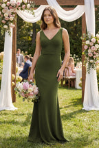 V-Neck Sheath Satin Maxi Bridesmaid Dress in Olive - Curvevia