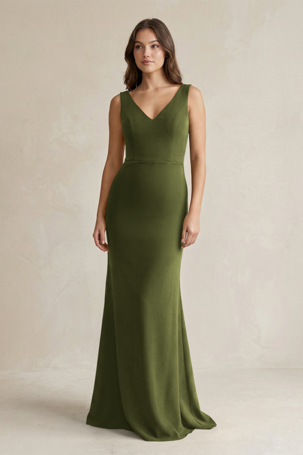 V-Neck Sheath Satin Maxi Bridesmaid Dress in Olive - Curvevia