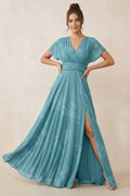 V-Neck Short Sleeve A-Line Floral Chiffon Bridesmaid Dress in Adriatic Blue - Curvevia