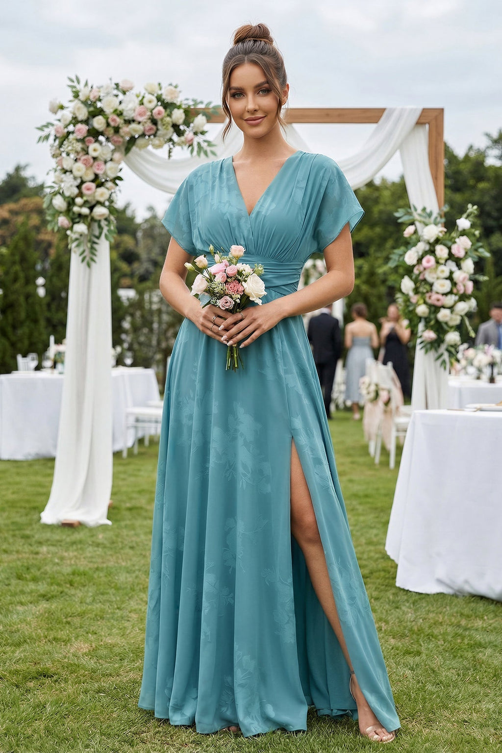 V-Neck Short Sleeve A-Line Floral Chiffon Bridesmaid Dress in Adriatic Blue - Curvevia