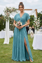 V-Neck Short Sleeve A-Line Floral Chiffon Bridesmaid Dress in Adriatic Blue - Curvevia