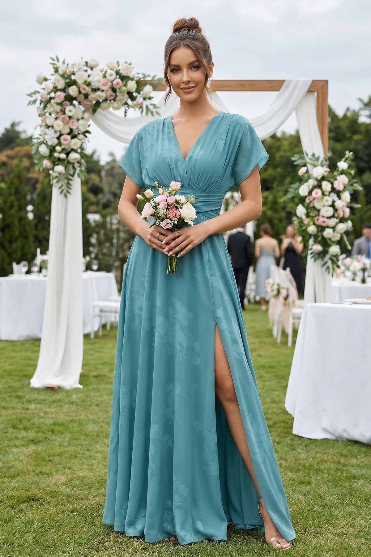 V-Neck Short Sleeve A-Line Floral Chiffon Bridesmaid Dress in Adriatic Blue - Curvevia