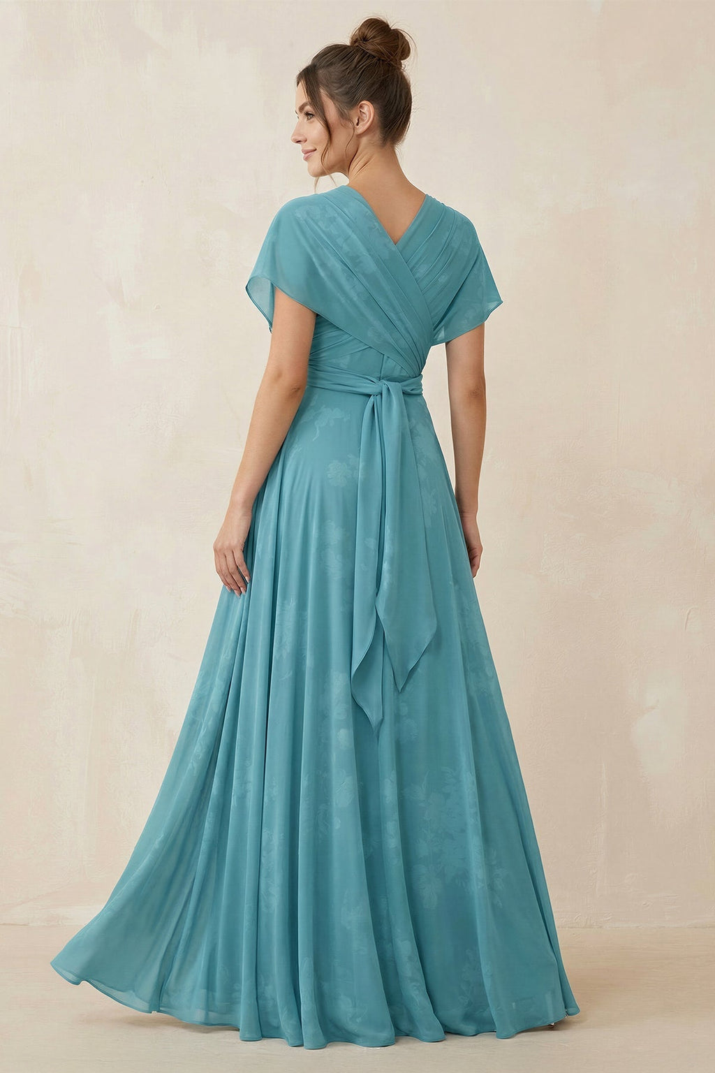 V-Neck Short Sleeve A-Line Floral Chiffon Bridesmaid Dress in Adriatic Blue - Curvevia
