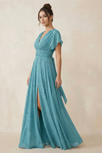 V-Neck Short Sleeve A-Line Floral Chiffon Bridesmaid Dress in Adriatic Blue - Curvevia