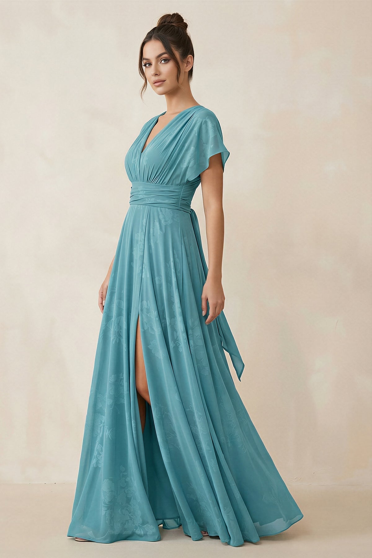 V-Neck Short Sleeve A-Line Floral Chiffon Bridesmaid Dress in Adriatic Blue - Curvevia