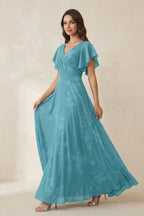 V-Neck Short Sleeve Floral Chiffon A-Line Bridesmaid Dress in Adriatic Blue - Curvevia