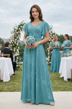 V-Neck Short Sleeve Floral Chiffon A-Line Bridesmaid Dress in Adriatic Blue - Curvevia