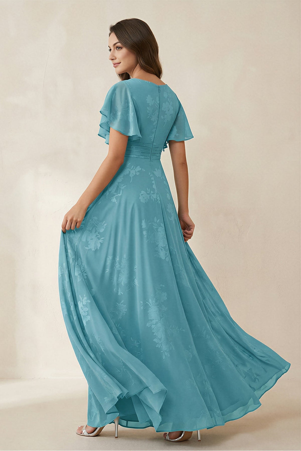 V-Neck Short Sleeve Floral Chiffon A-Line Bridesmaid Dress in Adriatic Blue - Curvevia