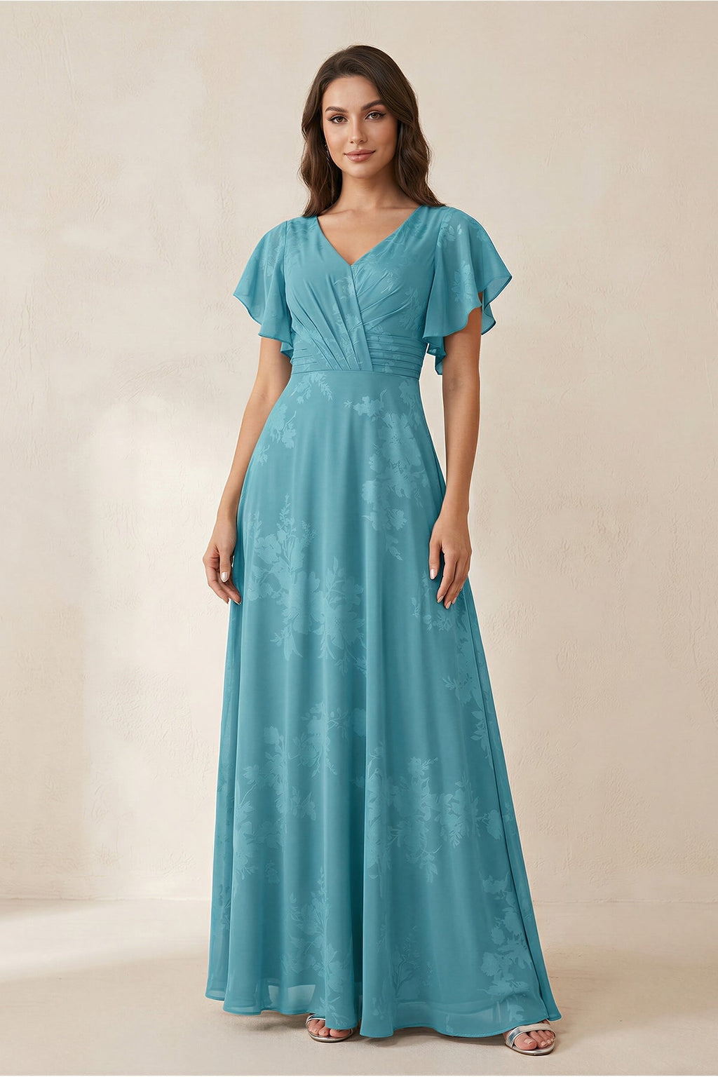 V-Neck Short Sleeve Floral Chiffon A-Line Bridesmaid Dress in Adriatic Blue - Curvevia