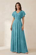V-Neck Short Sleeve Floral Chiffon A-Line Bridesmaid Dress in Adriatic Blue - Curvevia