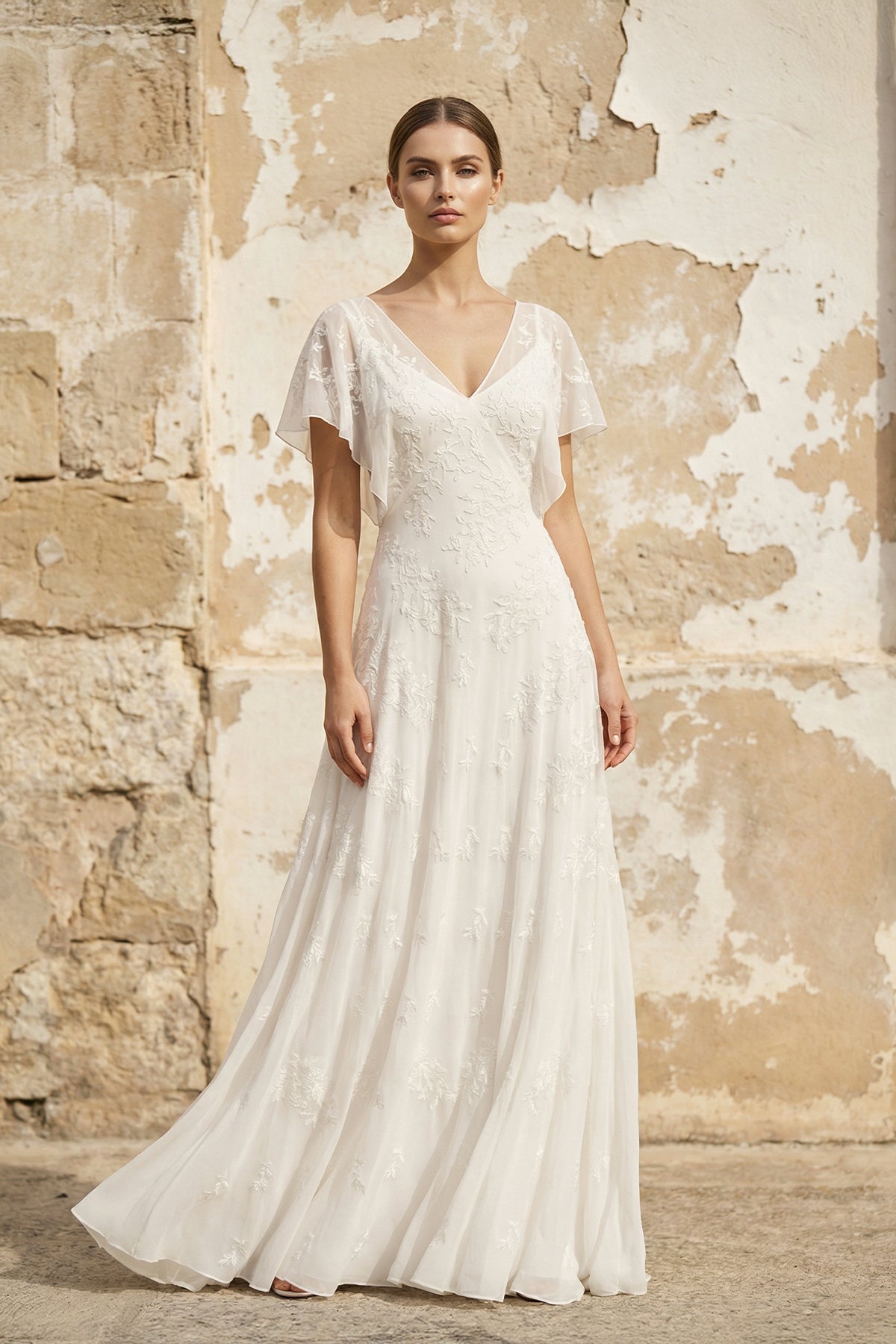 Vintage Graceful Floral V-neck V-back Side Button Decorated Lace Wedding Dress With Butterfly Sleeves - Curvevia