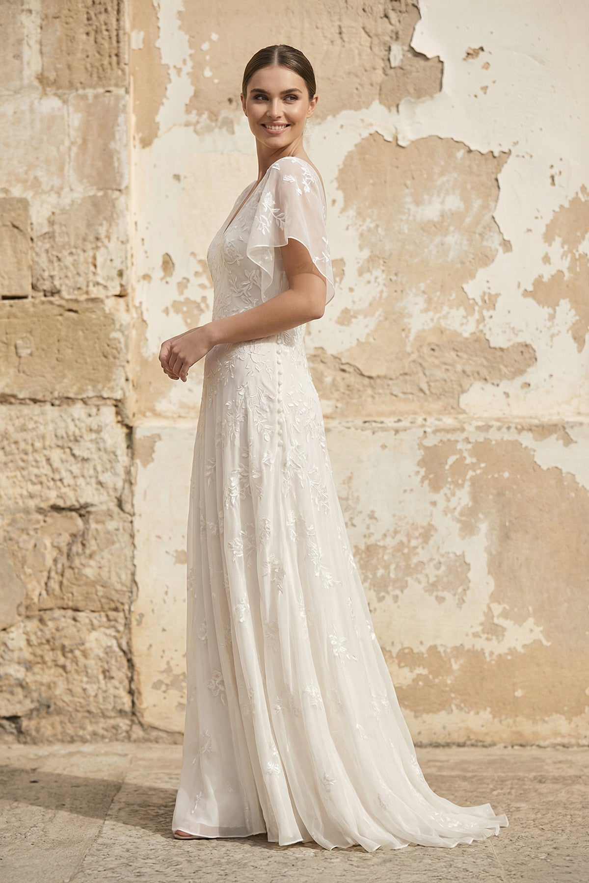 Vintage Graceful Floral V-neck V-back Side Button Decorated Lace Wedding Dress With Butterfly Sleeves - Curvevia