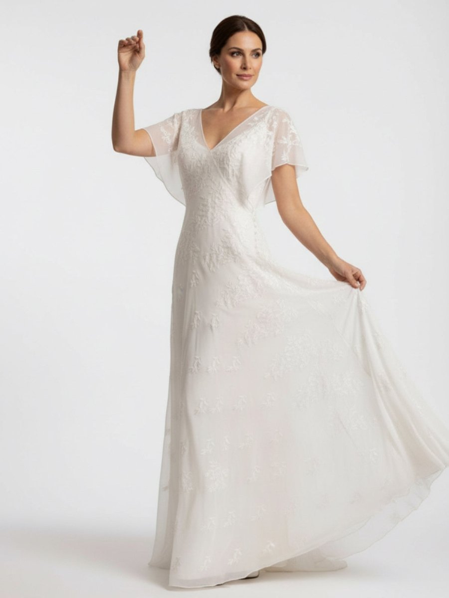 Vintage Graceful Floral V-neck V-back Side Button Decorated Lace Wedding Dress With Butterfly Sleeves - Curvevia