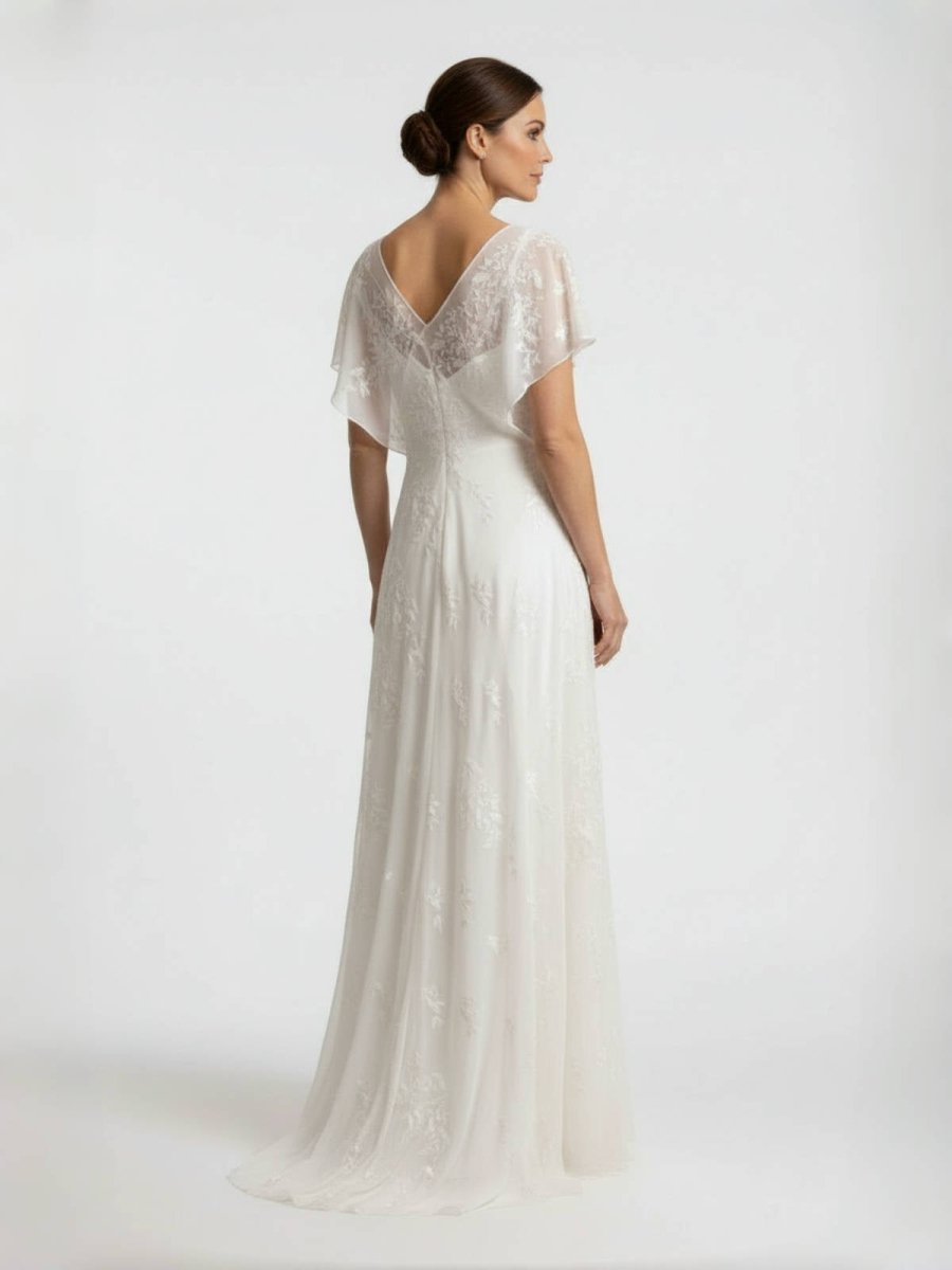 Vintage Graceful Floral V-neck V-back Side Button Decorated Lace Wedding Dress With Butterfly Sleeves - Curvevia