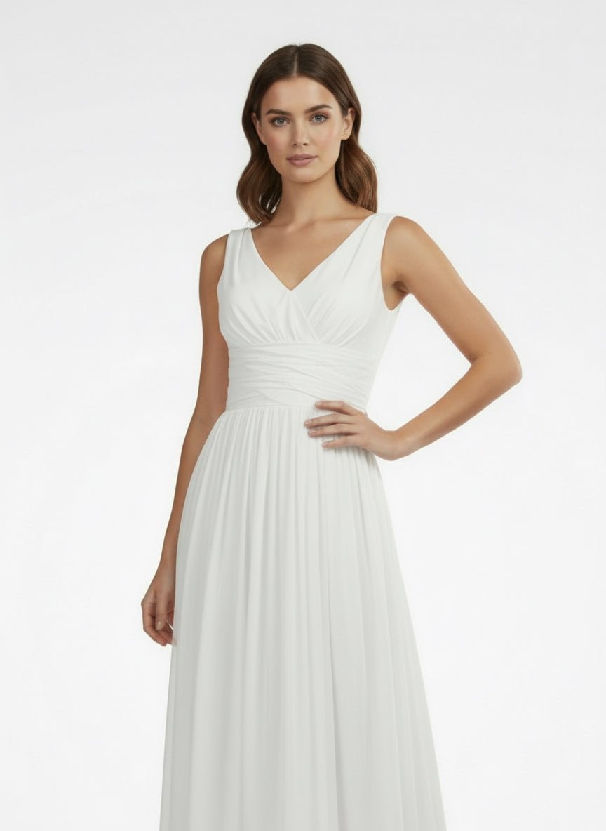 V-Neck Sleeveless Tea-Length Chiffon Wedding Dress With Ruching And Low-V Back - Curvevia