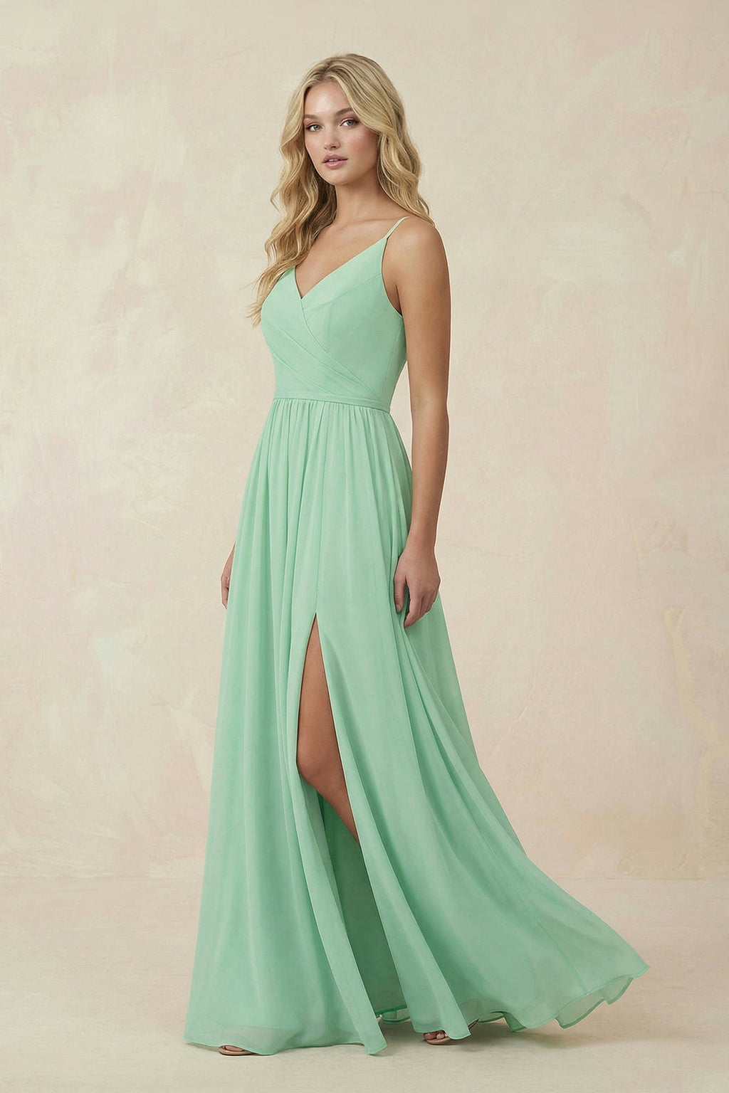 V-Neck Spaghetti Strap A-Line Chiffon Bridesmaid Dress in Pale Pistachio - Curvevia