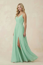 V-Neck Spaghetti Strap A-Line Chiffon Bridesmaid Dress in Pale Pistachio - Curvevia