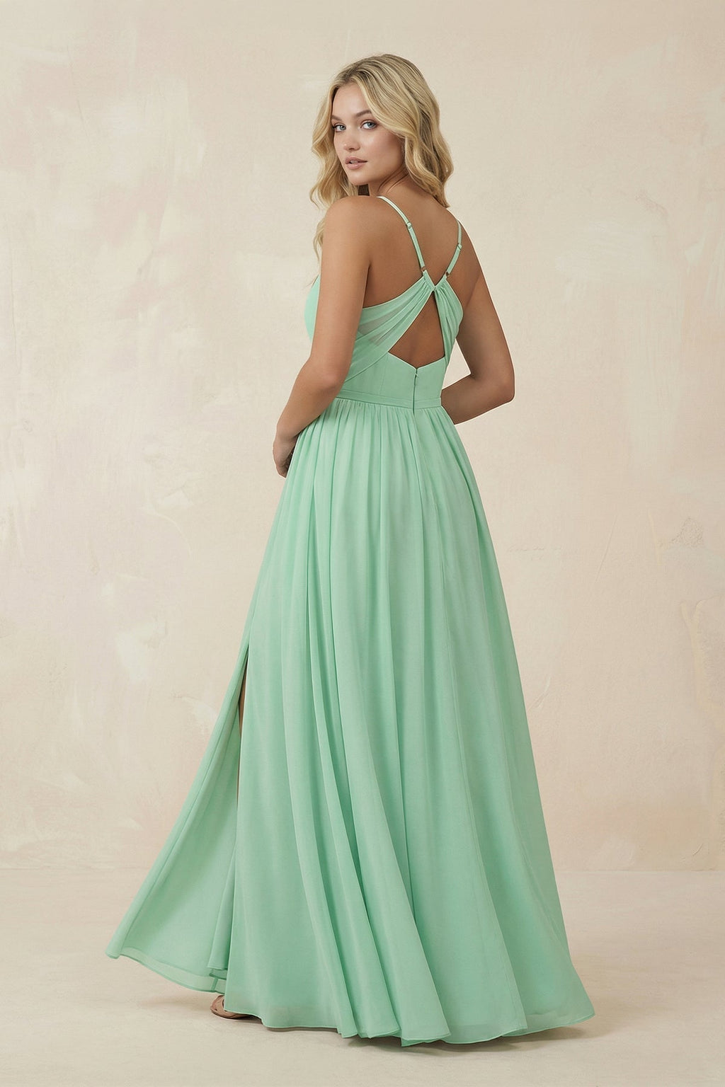V-Neck Spaghetti Strap A-Line Chiffon Bridesmaid Dress in Pale Pistachio - Curvevia