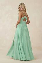 V-Neck Spaghetti Strap A-Line Chiffon Bridesmaid Dress in Pale Pistachio - Curvevia