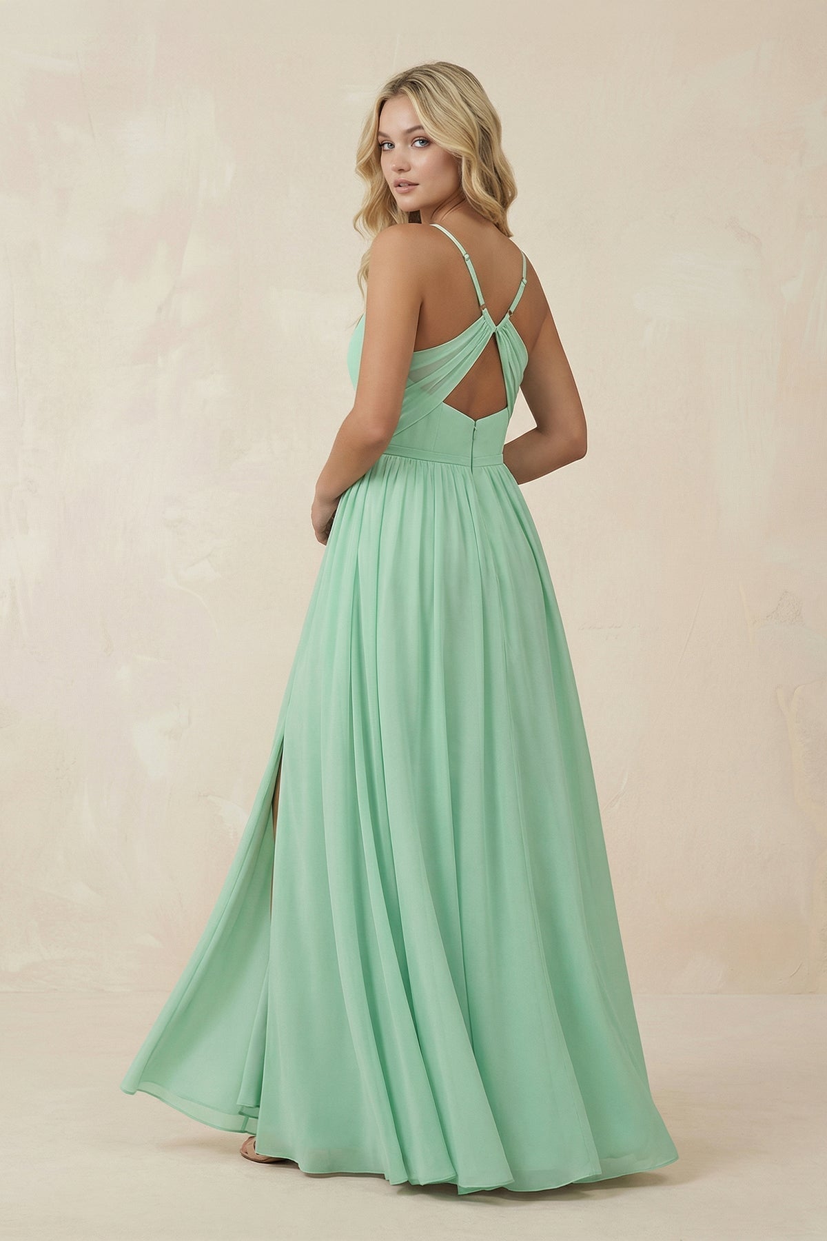 V-Neck Spaghetti Strap A-Line Chiffon Bridesmaid Dress in Pale Pistachio - Curvevia