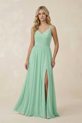 V-Neck Spaghetti Strap A-Line Chiffon Bridesmaid Dress in Pale Pistachio - Curvevia
