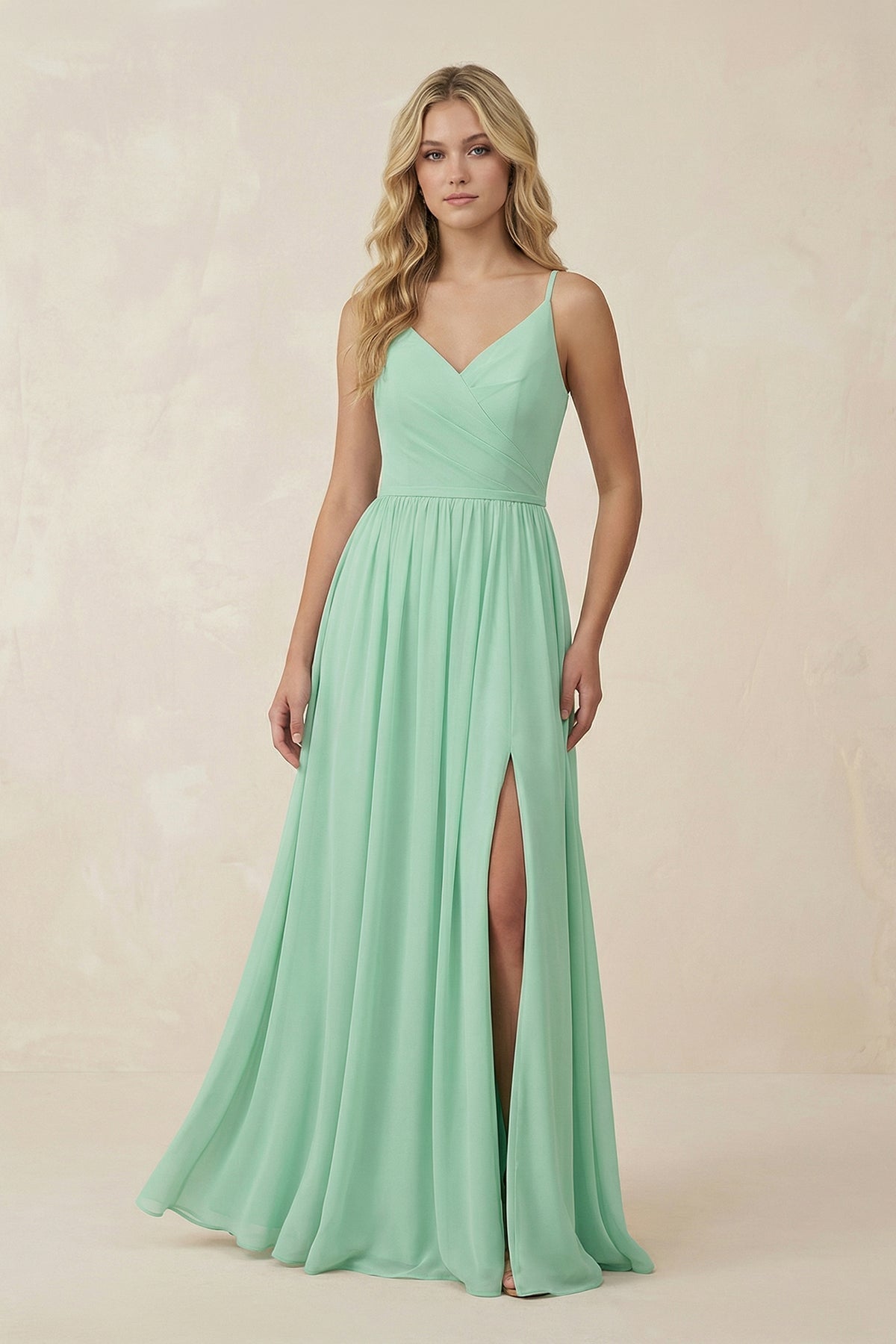 V-Neck Spaghetti Strap A-Line Chiffon Bridesmaid Dress in Pale Pistachio - Curvevia