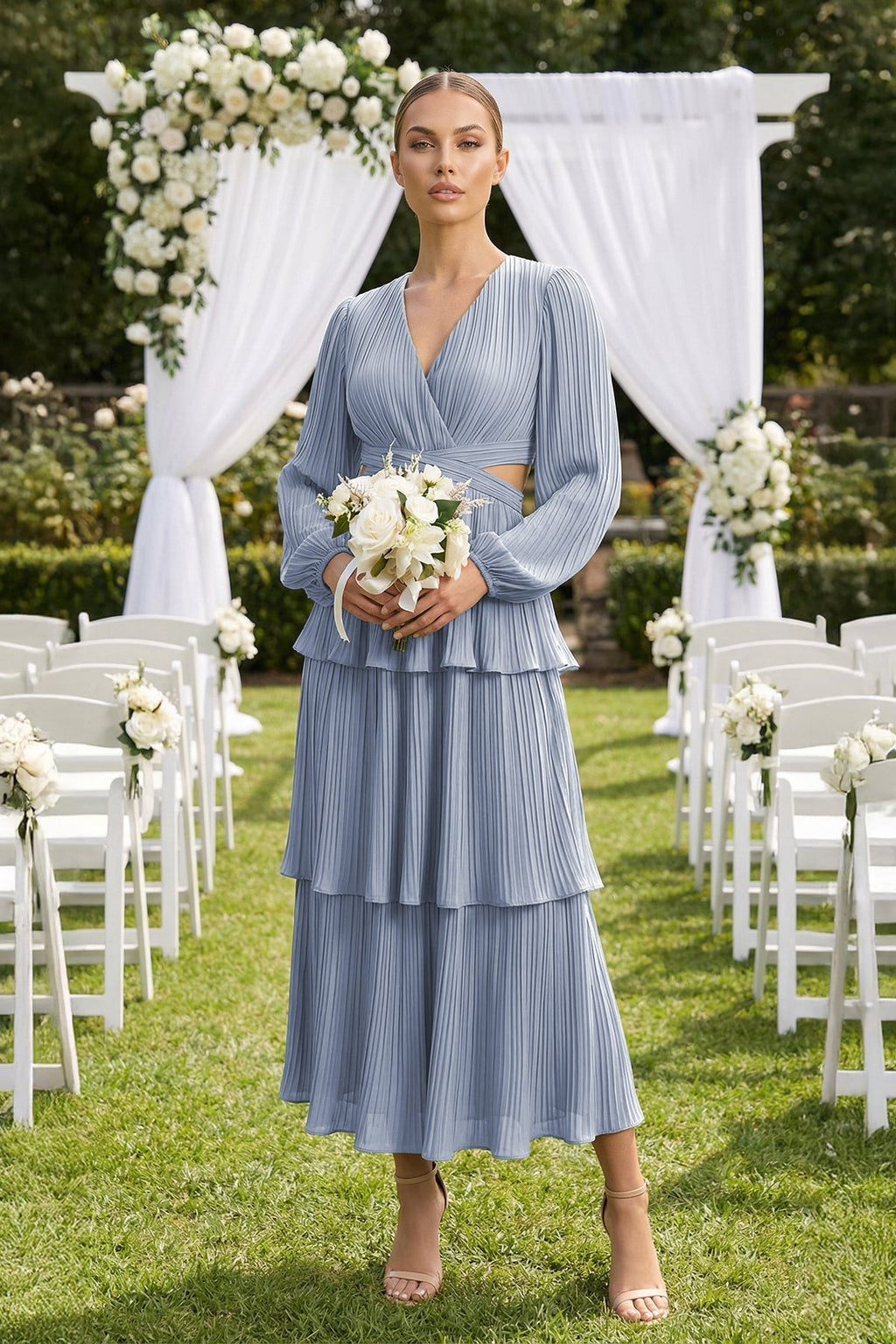 V-Neck Tiered A-Line Chiffon Midi Mother of the Bride Dress in Twilight - Curvevia