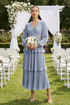 V-Neck Tiered A-Line Chiffon Midi Mother of the Bride Dress in Twilight - Curvevia
