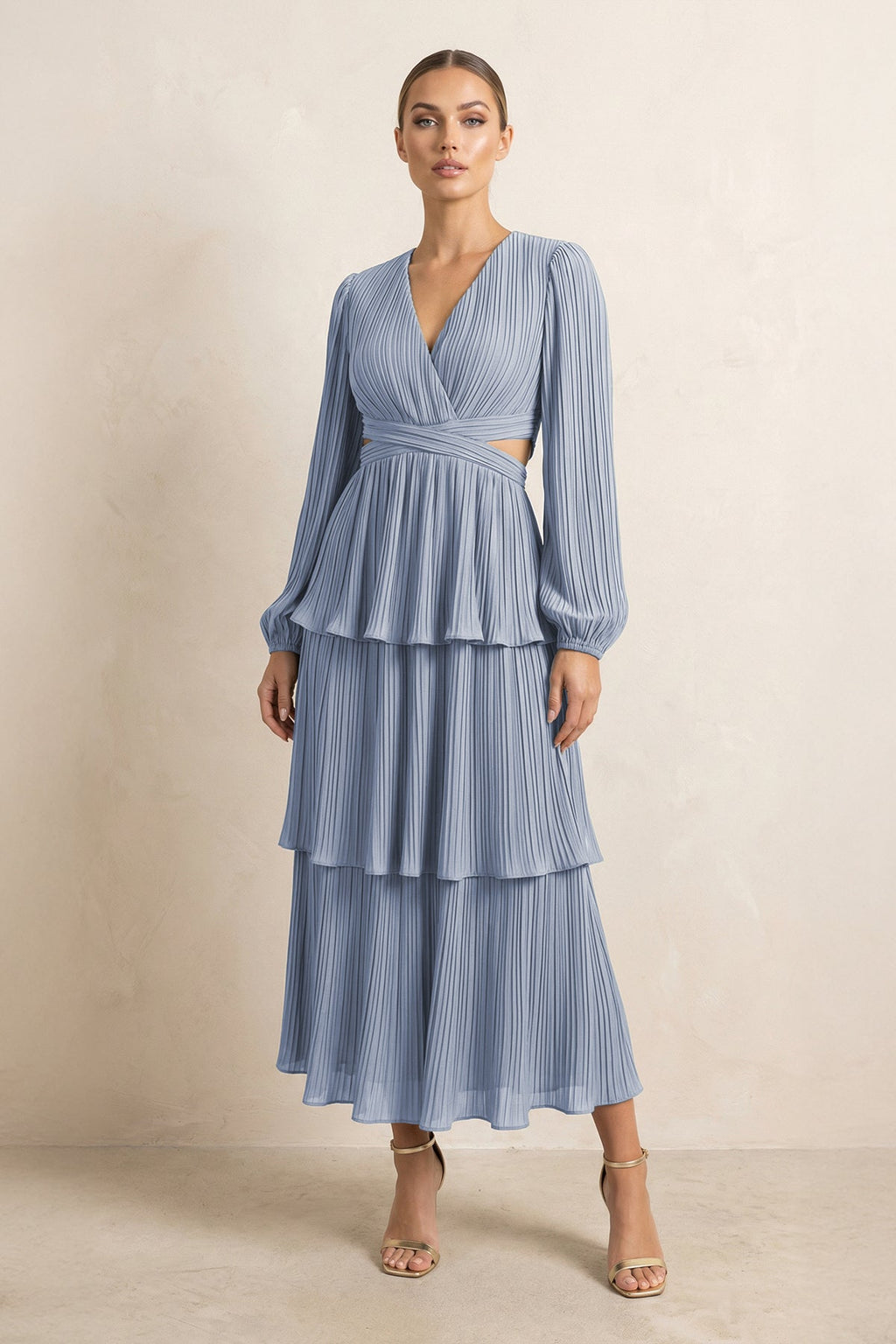 V-Neck Tiered A-Line Chiffon Midi Mother of the Bride Dress in Twilight - Curvevia