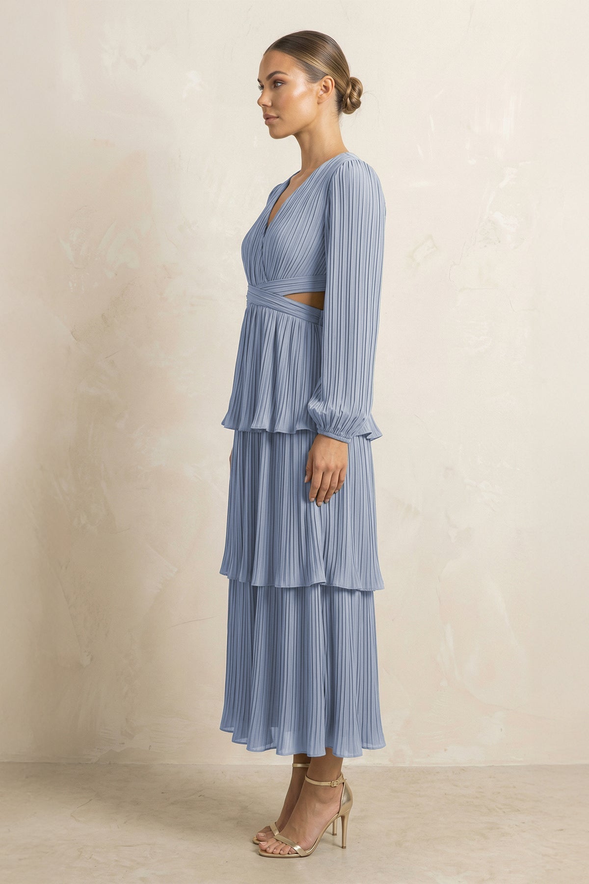 V-Neck Tiered A-Line Chiffon Midi Mother of the Bride Dress in Twilight - Curvevia