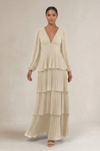 V-Neck Tiered A-Line Long Sleeve Mother of the Bride Dress in Champagne - Curvevia