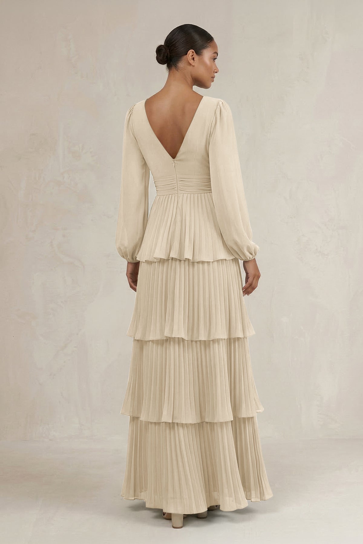 V-Neck Tiered A-Line Long Sleeve Mother of the Bride Dress in Champagne - Curvevia