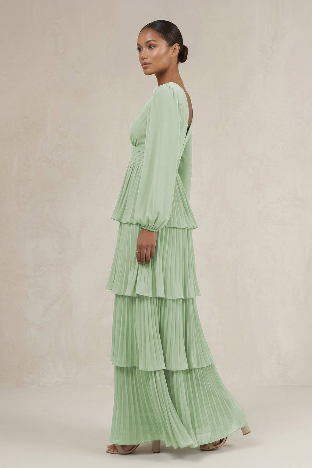 V-Neck Tiered A-Line Long Sleeve Mother of the Bride Dress in Sage - Curvevia