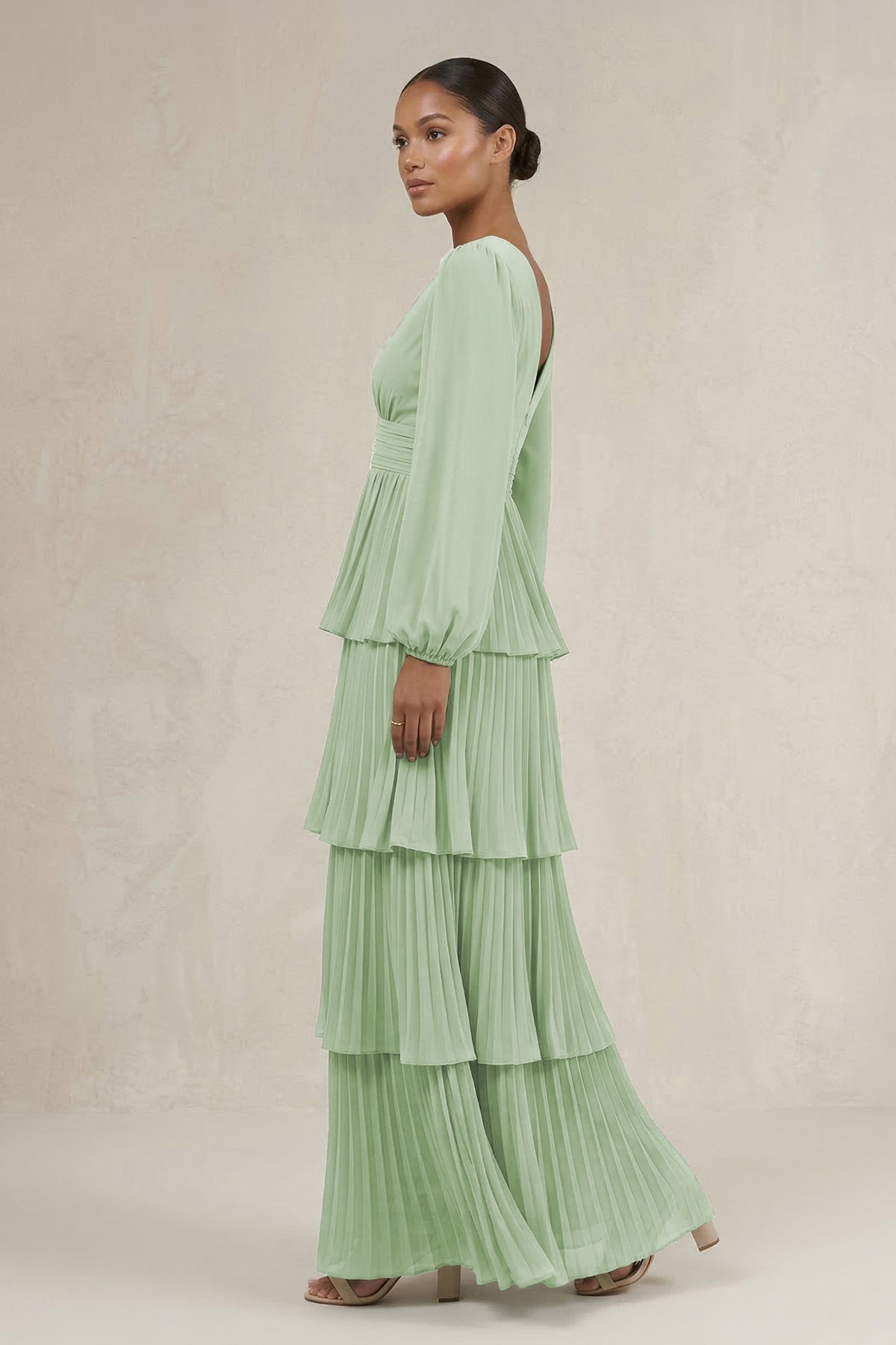 V-Neck Tiered A-Line Long Sleeve Mother of the Bride Dress in Sage - Curvevia