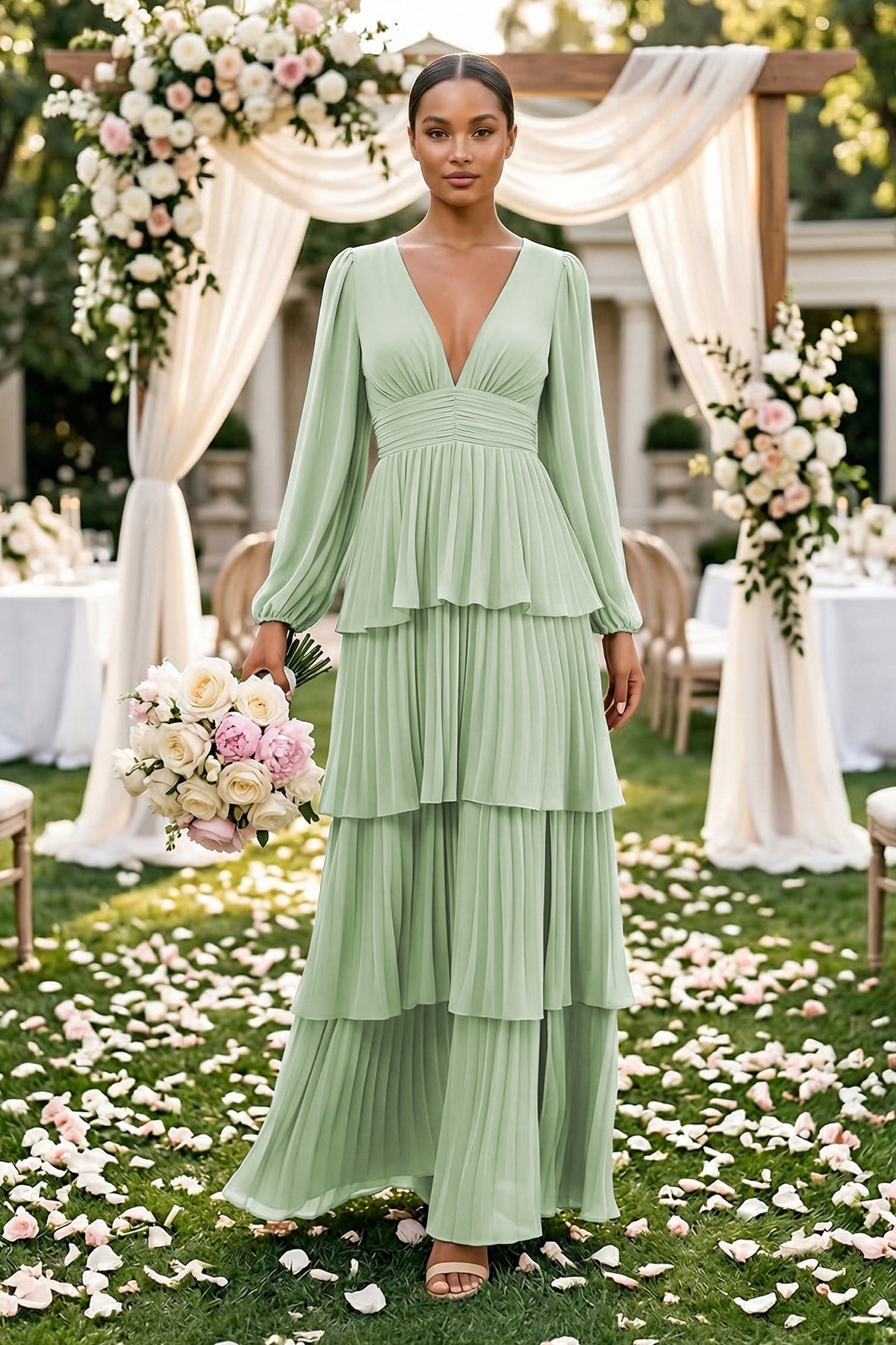 V-Neck Tiered A-Line Long Sleeve Mother of the Bride Dress in Sage - Curvevia