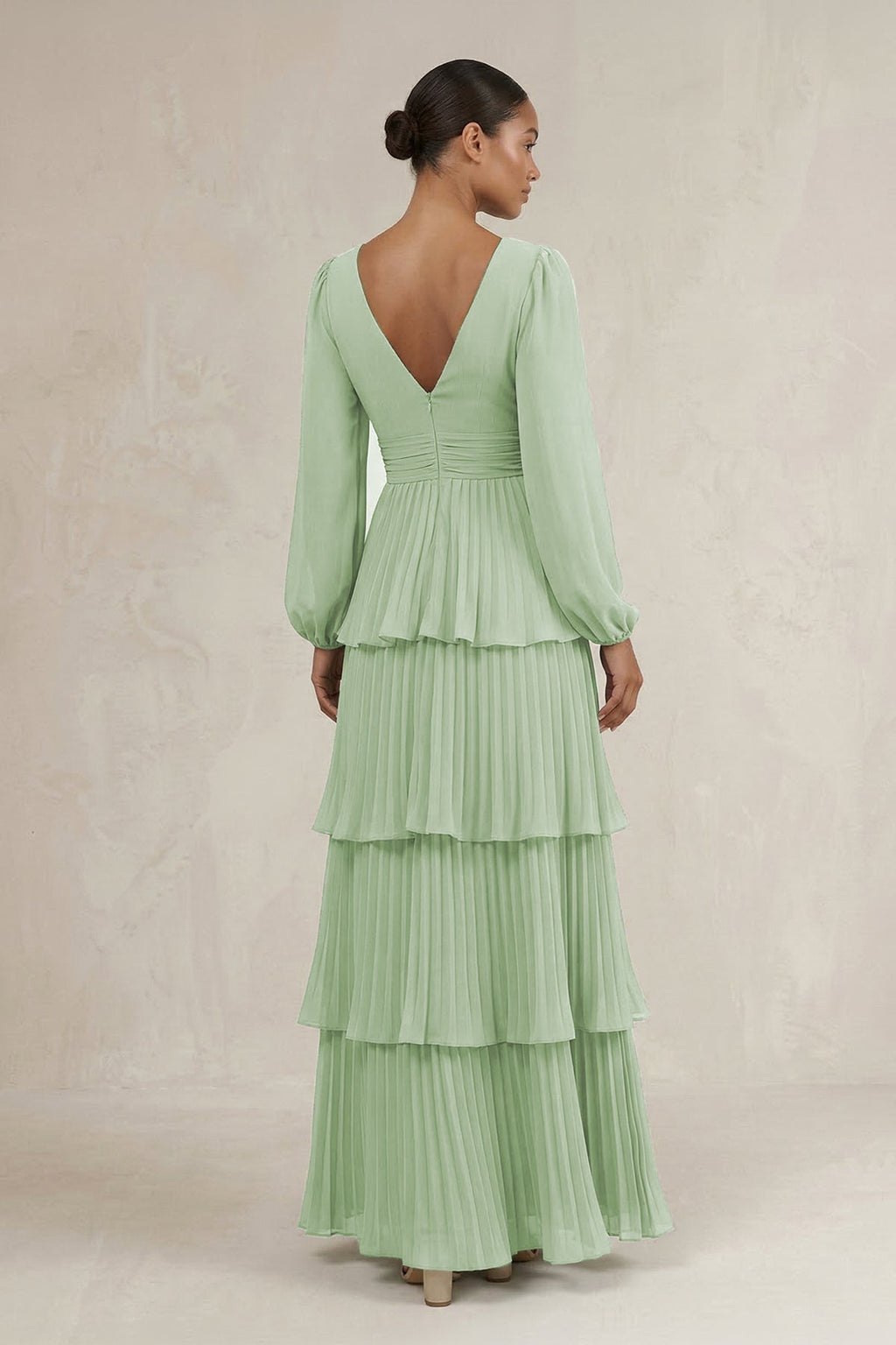 V-Neck Tiered A-Line Long Sleeve Mother of the Bride Dress in Sage - Curvevia