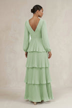 V-Neck Tiered A-Line Long Sleeve Mother of the Bride Dress in Sage - Curvevia