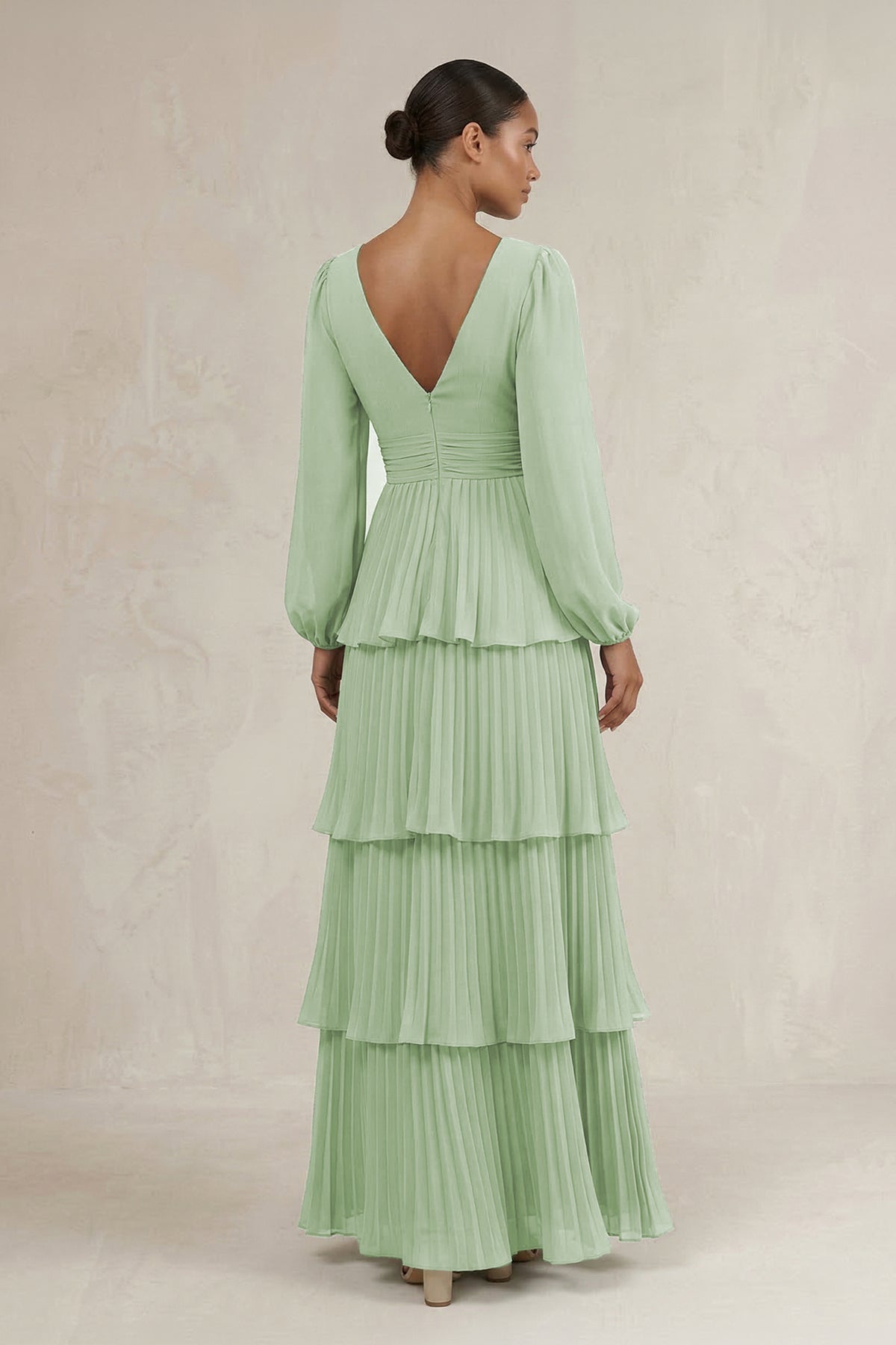 V-Neck Tiered A-Line Long Sleeve Mother of the Bride Dress in Sage - Curvevia