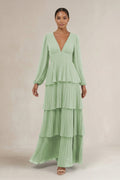 V-Neck Tiered A-Line Long Sleeve Mother of the Bride Dress in Sage - Curvevia