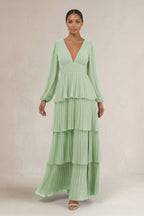 V-Neck Tiered A-Line Long Sleeve Mother of the Bride Dress in Sage - Curvevia