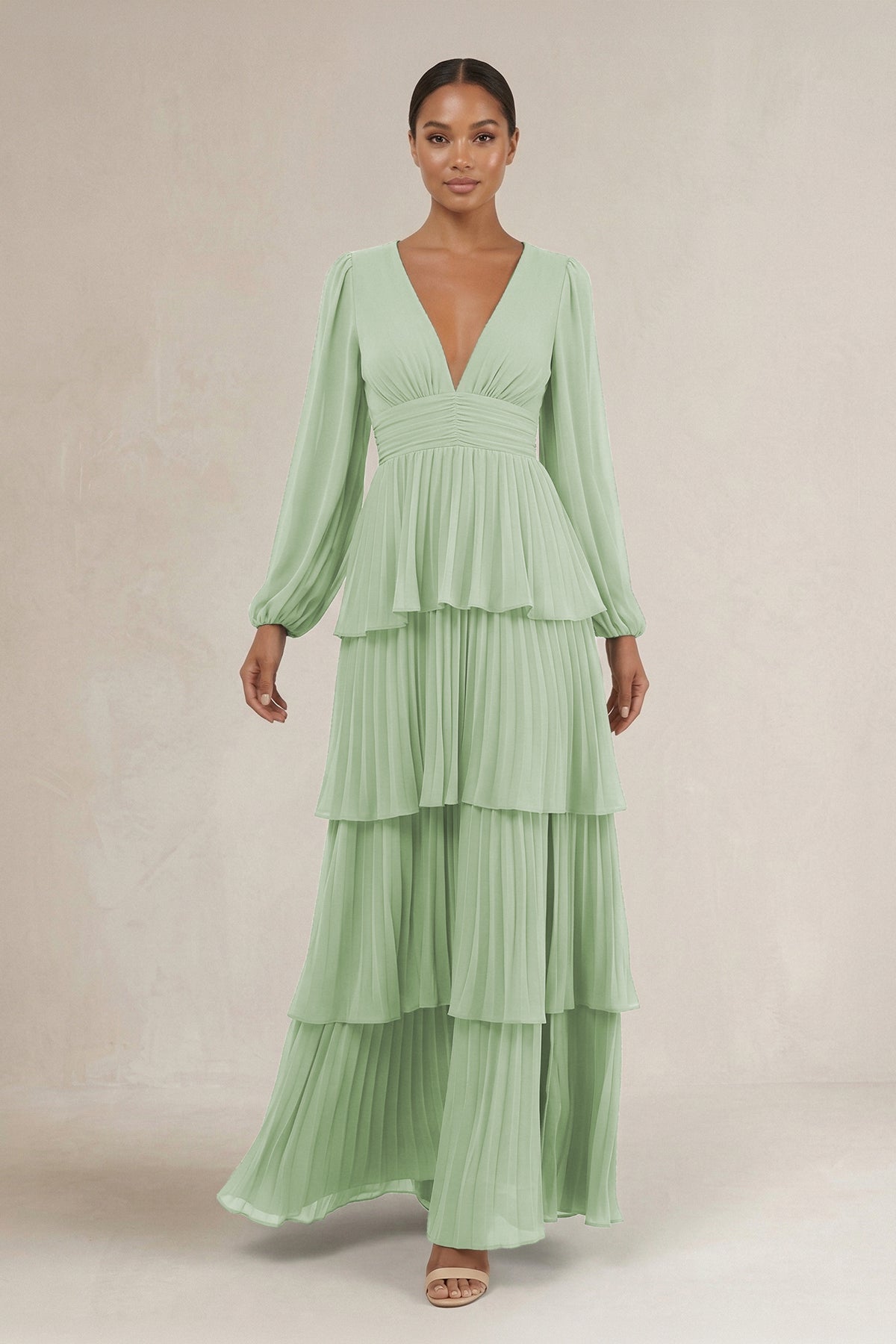 V-Neck Tiered A-Line Long Sleeve Mother of the Bride Dress in Sage - Curvevia
