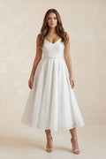 V-Neck Tulle A-Line Ruched Wedding Dress in White - Curvevia