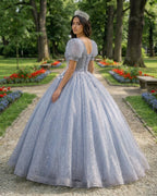 Quinceanera Dress V Neck Tulle Sequin Gray Blue Long Prom Dress - Curvevia