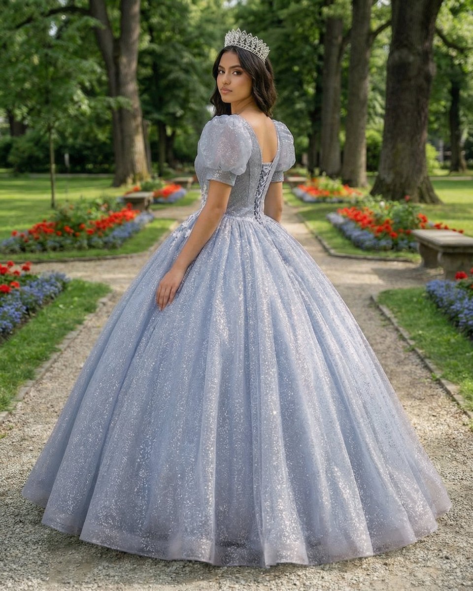 Quinceanera Dress V Neck Tulle Sequin Gray Blue Long Prom Dress - Curvevia