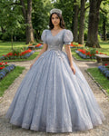 Quinceanera Dress V Neck Tulle Sequin Gray Blue Long Prom Dress - Curvevia