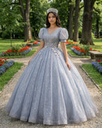 Quinceanera Dress V Neck Tulle Sequin Gray Blue Long Prom Dress - Curvevia