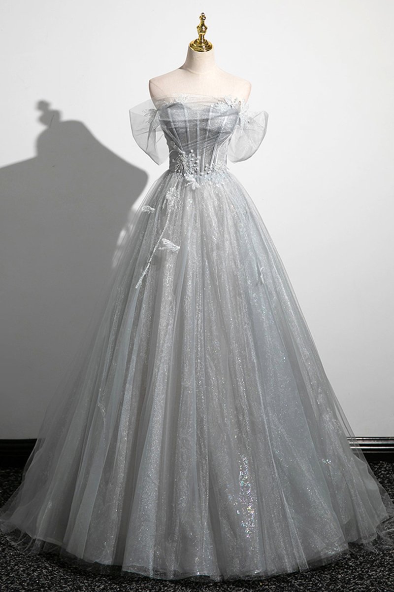 Gray A-Line Off the Shoulder Tulle Prom Dress, Lovely Corset Floor Length Party Dress - Curvevia